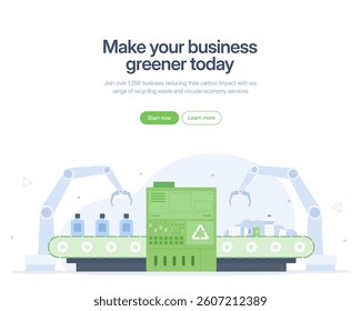 Recycle machine with robotic arms sorting bottles on a conveyor belt. Suitable for environmental landing page, automation, recycling, technology-related concepts.