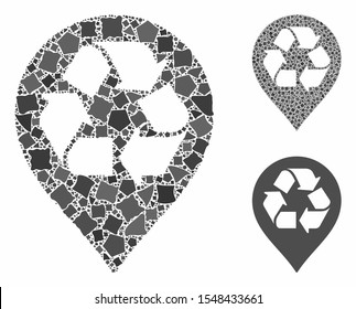 Recycle map marker mosaic of rough parts in different sizes and color tones, based on recycle map marker icon. Vector uneven parts are combined into mosaic.