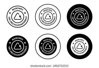 Recycle materials icon. 100% percent made from recycled material paper stamp seal symbol set. recyclable reusable environment friendly plastic product packaging vector badge