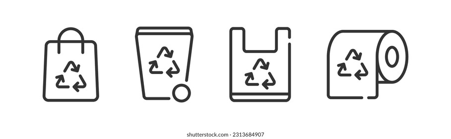 Recycle materials icon on light background. Reusable symbol. Save world, eco, ecology, green, organic, trashcan, shopper, paper. Outline, flat and colored style. Flat design. Vector illustration.