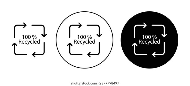 Recycle materials icon set in black filled and outlined style. 100% eco-friendly sustainable packaging vector symbol for ui designs.