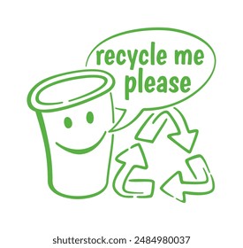 Recycle me please - sticker for recyclable dishes. Comic coffee cup says that slogan