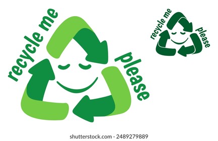 Recycle me please - sticker for recyclable dishes. Comic recycling sign with slogan