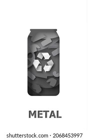 Recycle metal can with metal garbage and recyclable material sign, vector paper cut illustration. Waste reuse and recycle. Save environment.