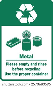 Recycle metal cans safety sign. Trash Green Recycle Symbol. Recycling of metal cans, please empty and rinse before recycling. Use the proper container safety sign. 