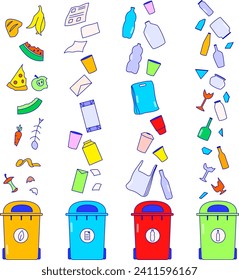 Reciclar contenedor de metal para basura, ecología ambiental que guarda la ilustración vectorial. Contaminación de plásticos residuales, basura orgánica y concepto de papelera. Para la reutilización de vidrio, papelera y papel plano.