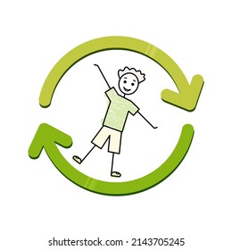 reciclar más gastar menos, lindo niñito con flechas de círculo grande dibujo ilustración vectorial, icono de humor ambiental