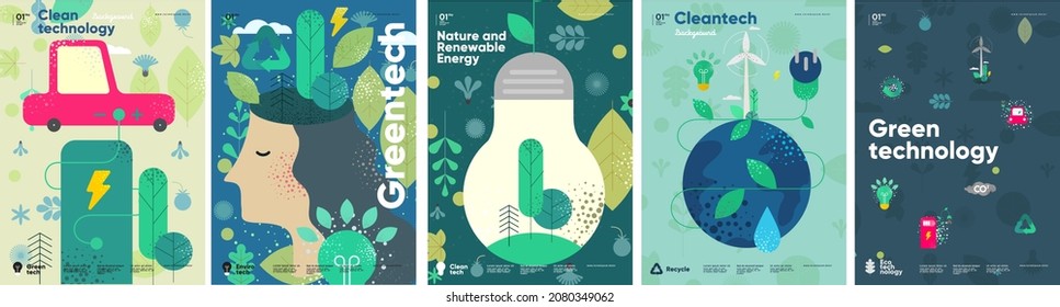 Recycle. Nature and Renewable Energy. Green Energy and Natural Resource Conservation. Set of vector illustrations. Background images for poster, banner, cover art.