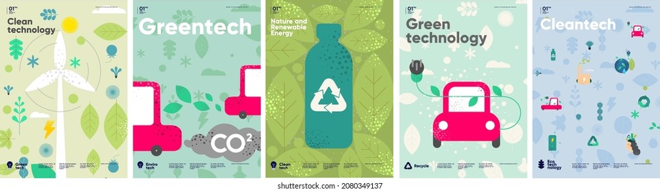 Recycle. Nature and Renewable Energy. Green Energy and Natural Resource Conservation. Set of vector illustrations. Background images for poster, banner, cover art.