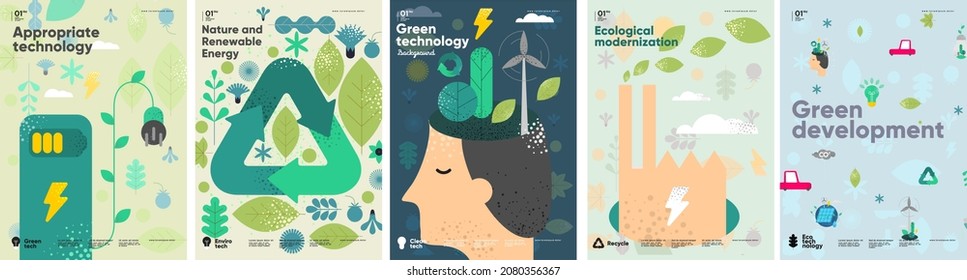 Recycle. Nature and Renewable Energy. Green Energy and Natural Resource Conservation. Set of vector illustrations. Background images for poster, banner, cover art. - Shutterstock ID 2080356367