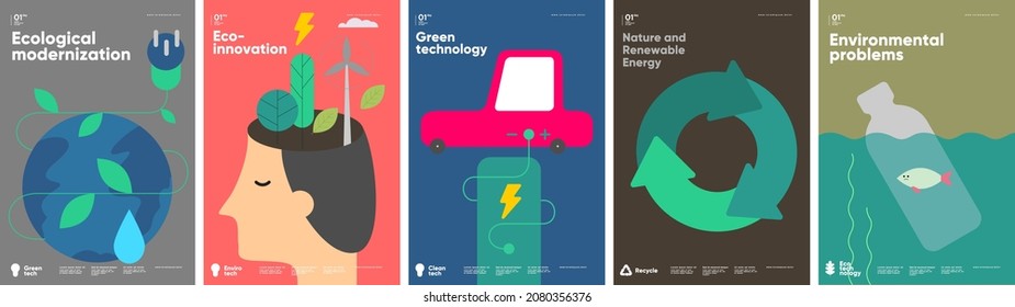Recycle. Nature and Renewable Energy. Green Energy and Natural Resource Conservation. Set of vector illustrations. Background images for poster, banner, cover art. - Shutterstock ID 2080356376