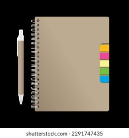 recycle notepad, old brown paper notebook vector illustration, spiral book with recycle pen isolated, brown pad with sticky note in black background, memo book, plain memo stick pad for mockup