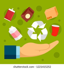 Recycle object in palm concept background. Flat illustration of recycle object in palm vector concept background for web design
