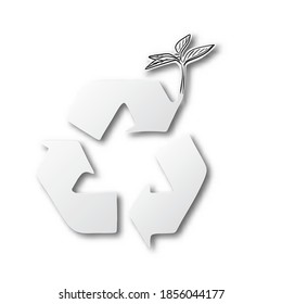 recycle on cut paper and hand drawn of plant with shadow isolated on white background