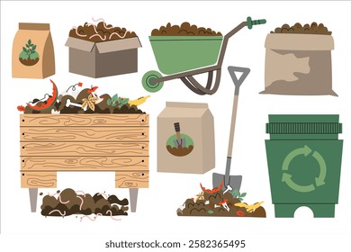  Recycle Organic Waste. Organic composting theme. Garden tools, bag of compost, ground, food garbage. organic fertilizer, compost bin and box, agronomy. wheelbarrow and worms