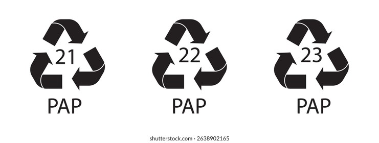 Recycle and Packing icons set sign and symbol. Recycle sign or Packaging sign. The universal recycling symbol isolated. Variety colors Recycle and Packing types of a design. Vector illustration.