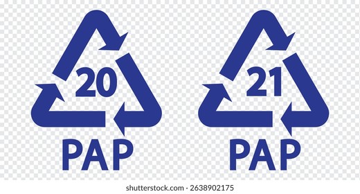 Recycle and Packing icons set sign and symbol. Recycle sign or Packaging sign. The universal recycling symbol isolated. Variety colors Recycle and Packing types of a design. Vector illustration.