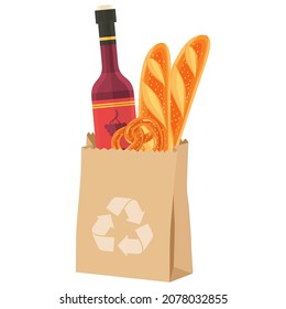 recycle paper bag with bread red wine
