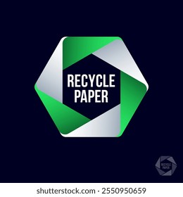 Recycle paper icon. Hexagon consists of white and green paper elements. Symbol of recycle and reused.