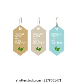 RECYCLE PAPER TAGS IN 3 COLORS ( BROWN, BEIGE, BLUE ) DELETE TEXT AND WRITE YOUR OWN, ISOLATED ON WHITE