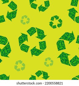Patrón de reciclaje. Patrón de ecología sin foco con señales de reciclamiento verdes aisladas en un fondo verde. Antecedentes del Día Mundial del Medio Ambiente.