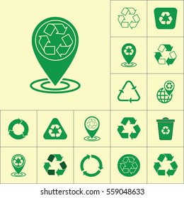 recycle pin location icon on yellow background, recycling set