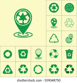 recycle pin location icon on yellow background, recycling set