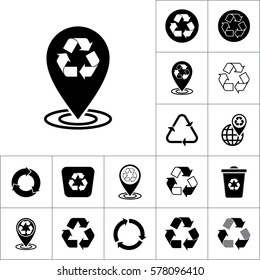 recycle pin location icon on white background, recycling set