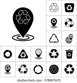 recycle pin location icon on white background, recycling set