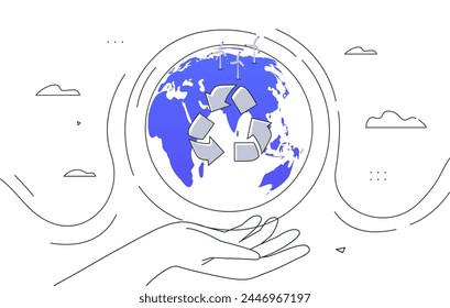 Recycle planet on hand linear. Recycling and reusing. Care about ecology and nature. Environment and sustainable zero waste lifestyle. Doodle flat vector illustration isolated on white background