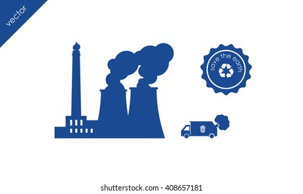 Recycle plant icon. Garbage truck loaded with tree icon. Working factory with smoking chimneys icon.