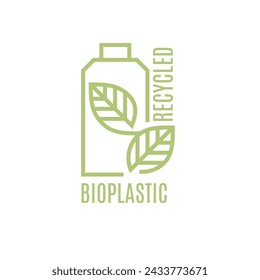 Recycle plastic bottle. Biodegradable icon. Plastic bottle with green leaves. Eco friendly compostable material production. Nature protection concept. Editable stroke. Vector illustration