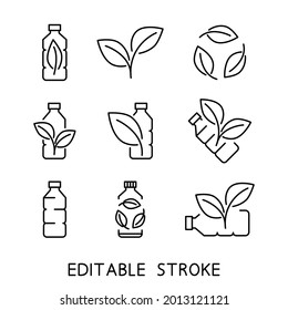 Recycle plastic bottle. Biodegradable icons. Icons of plastic bottle with green leaves. Eco friendly compostable material production. Zero waste, nature protection concept. Vector