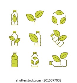 Reciclar botella de plástico. Iconos biodegradables. Iconos de botella de plástico con hojas verdes. Producción de material compostable amigable para el medio ambiente. Desechos cero, concepto de protección de la naturaleza. Vector