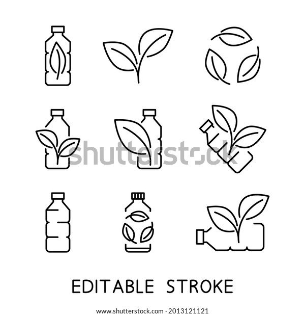 Recycle plastic\
bottle. Biodegradable icons. Icons of plastic bottle with green\
leaves. Eco friendly compostable material production. Zero waste,\
nature protection concept.\
Vector