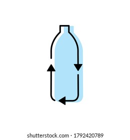 Reciclar la ilustración vectorial de la línea de color de la botella de plástico aislada en blanco. Borde del frasco de plástico azul.