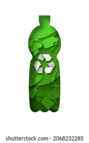 Recycle plastic bottle with plastic garbage and recyclable material sign, vector illustration in paper art craft style. Waste reuse and recycle. Save environment.