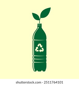 Reciclar icono de botella de plástico con hojas verdes. Ilustración vectorial