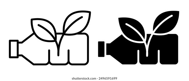 Recycle plastic bottle icon line with green leaves. Set of symbols and signs for design of recycle label products.