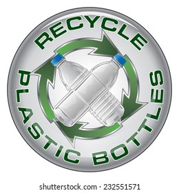 Recycle Plastic Bottles Design is an illustration of a recycle symbol with two type of clear plastic bottles crossed in the center on a sticker or emblem.