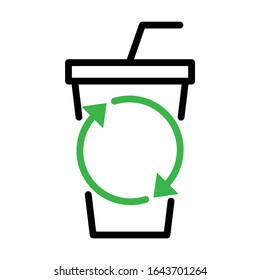 Recycle plastic cup and straw. Simple design. Line vector. Isolate on white background.