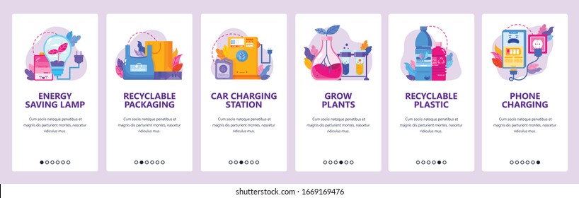 Recycle plastic. Energy saving electric lamp, phone and car charging, green power. Mobile app onboarding screens. Vector banner template for website mobile development. Web site design illustration.