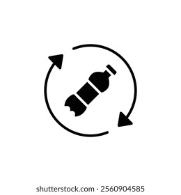 Recycle plastic icon. Simple solid style. Arrows pet bottle shape recycling sign, water, reusable ecological preservation concept. Black silhouette, glyph symbol. Vector illustration isolated.