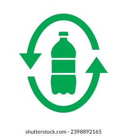 Icono del logotipo de plástico de reciclaje, signo de reciclado de la forma del frasco de las flechas, concepto de preservación ecológica reutilizable, diseño plano de Pictograma, aislado en fondo blanco, ilustración del vector
