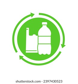 Recycle plastic logo icon, Plastic bag and pet bottle rotation arrows recycling sign, Reusable ecological preservation concept, Pictogram flat design, Isolated on white background, Vector illustration