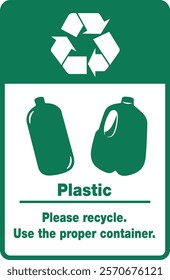 Recycle plastic safety sign. Trash Green Recycle Symbol. Use the Proper container. safety sign.