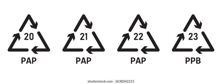 Recycle plastic symbol. Plastic recycle icons. Icon of pp, pet, hdpe, ldpe and pvc. Triangle logo for safety and ecology. Black icons isolated on white background. Vector. 