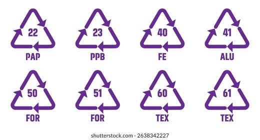Recycle plastic symbol. Plastic recycle icons. Icon of pp, pet, hdpe, ldpe and pvc. Triangle logo for safety and ecology. Black icons isolated on white background. Vector. 
