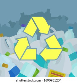 Recycle plastic trash. Stop plastic pollution of the environment. Endless mountains of plastic trash and recycling sign. Ecological banner, placard and poster. Vector illustration, flat design.