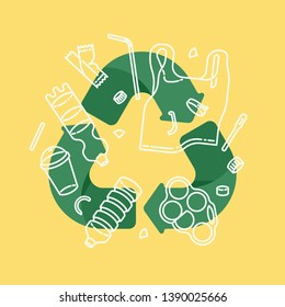 Recycle plastic vector concept illustration with green arrows and plastic trash